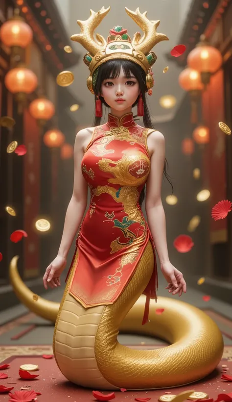 A personified, adorable golden snake with a playful and charming personality, wearing traditional Chinese attire to celebrate the Chinese New Year. The snake’s head is human-like, with large, expressive eyes and a delicate gold headpiece adorned with red t...