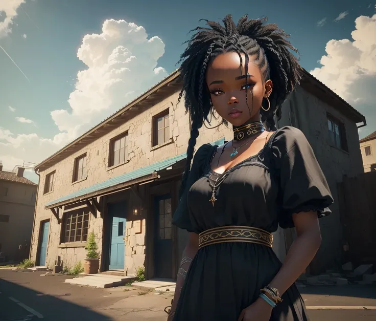 There's a black woman , black, Ebony,  standing in front of a building with a necklace, little character. unreal engine 5, feito no unreal engine 5,  fantasy style 8k octane rendering ,  Unreal Engine 5 dramatically renders ,  created on Unreal Engine 5 , ...