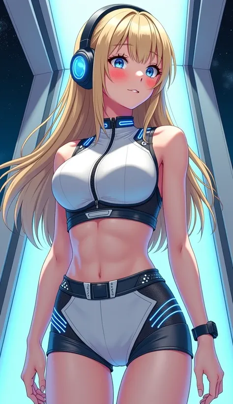 Detailed anime illustration, pixiv style,anime love-live style, zero gravity space. Woman dressed in white spaceship high-tech capsule, cold sleep device. Japanese woman, blonde long hair, blush,shy,wearing futuristic underwear with biosensors and circuit ...