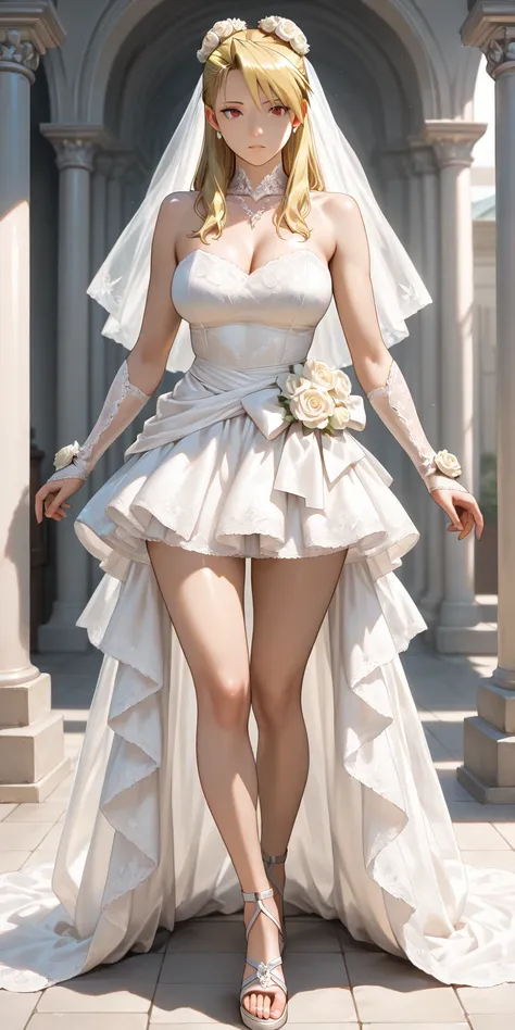 Masterpiece, newest, vibrant, very aesthetic, high contrast, mature woman, riza hawkeye, bridal hair style, two buns on head, wedding accessories hair, white color of wedding dress (platted mini skirt of wedding dress, wedding gauntlet), medium breast, whi...