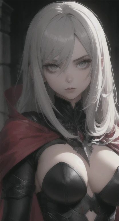 best quality, masterpiece, grey hair, grey eyes, looking at viewer, ancient vampiress, vampire armor,