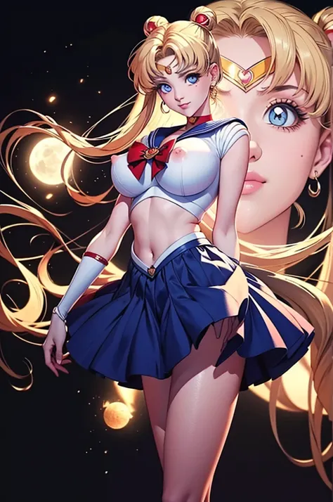 Sailor Moon,  in the seat,  full body,  athletic body,  big breasts(Big Breasts、 big breasts：2.5) blue eyes,  Long golden hair,  belly, Moon Headdress , The city and the full moon,  confident smile,   below 、 complex anatomical features  .  special effects...