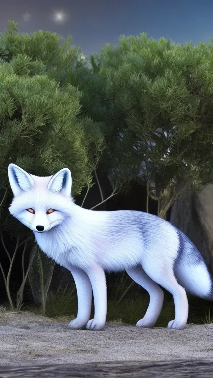 big white fox　night　moon　Realistic foxes　beautiful fox　Fox parent and  