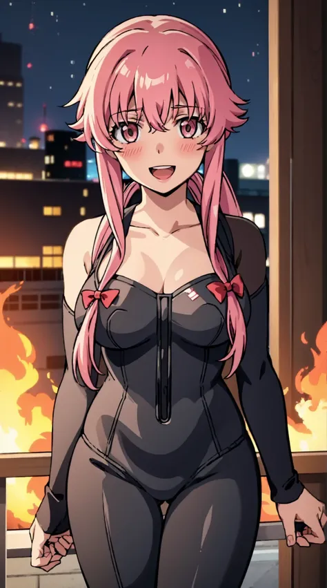 1girl, breasts, pink_hair, solo, cleavage, looking_at_viewer, large_breasts, open_mouth, smile, long_hair, pink_eyes, collarbone, bow, blush, hair_bow, ,twintails, bangs, teeth , indoors, sidelocks, shiny, hair_between_eyes, :d, buttons、Black wet suits, ho...