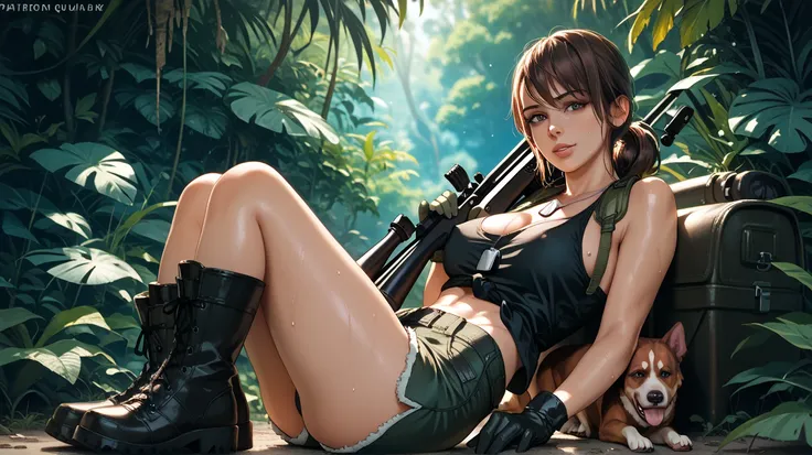   sexy Quiet , UHD,  dark brown hair , dog tags, in a jungle,  at night,  on a riverbank, wearing very short black tank top , booty shorts, with leather gloves ,  military boots , sweating,  sexy pose, in four,  carries a sniper rifle, lying down,  legs to...