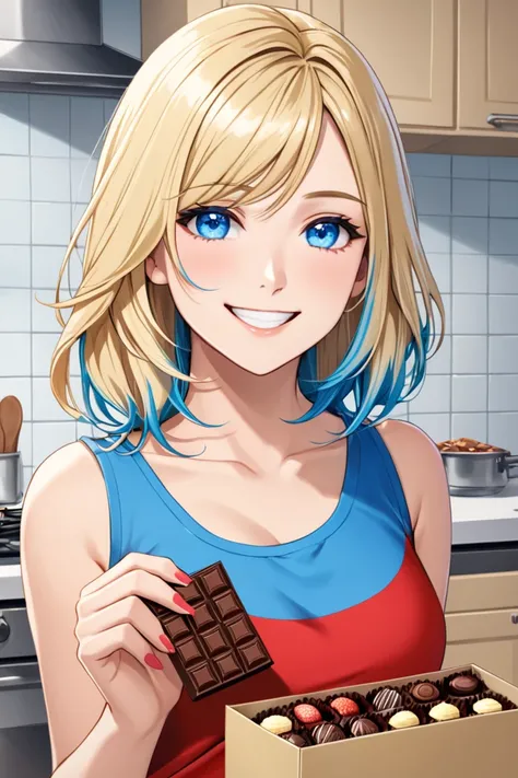 beautiful woman, medium-length blonde hair with blue highlights, wearing a red tank top, smiling, blue eyes, holding a box of chocolates, in a kitchen, blonde hair dyed blue at the ends, blonde hair dyed blue at the ends, blue highlights in hair, blonde ha...