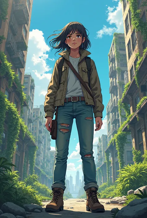 A beautiful girl wearing survivor's clothing in a landscape of a city consumed by nature.  anime style