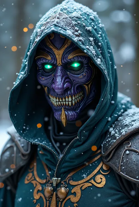 Terrifying cinematic science fiction photo of a portrait of a non human futuristic masked purple and glowing green mythical freak dressed as a freak leather sharp fingers futuristic mask mythical freak dressed as a futuristic dirty freak purple and glowing...