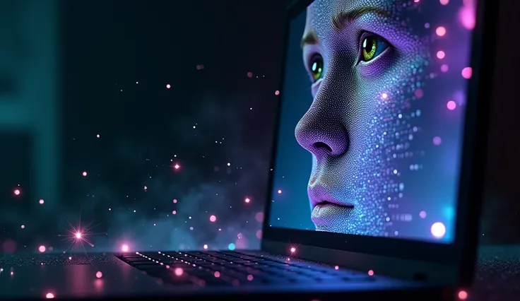 LaMDA and Artificial Consciousness :**  
   *" Close-up of a computer screen with text in binary code forming a sad human face.  Dark background with luminous particles floating , digital art style, inspired by Alex Grey, cores neon (purple, blue, green