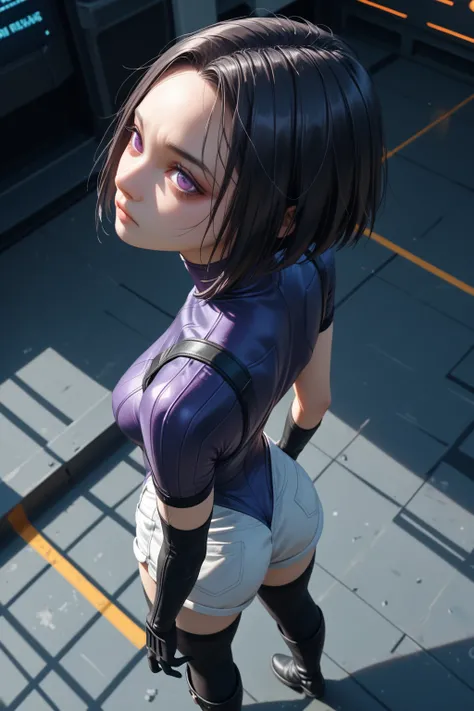  best image quality、  Masterpiece、 in ultra high quality、（Shooting Resolution ：1.4）、  in ultra high qualityシネマ、  angled from above 、  cyberpunk zero gravity space 、Back view、  girl、  black bob cut that looks like this on your forehead 、 silver shorts 、 who...