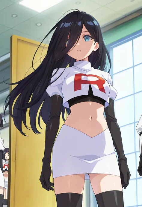 best quality, masterpiece
BREAK
1girl, natsukohirose, black hair, long hair, blue eyes,
team rocket,team rocket uniform,white skirt,red letter R,crop top,black thigh-highs,black elbow gloves, cowboy shot,
indoors