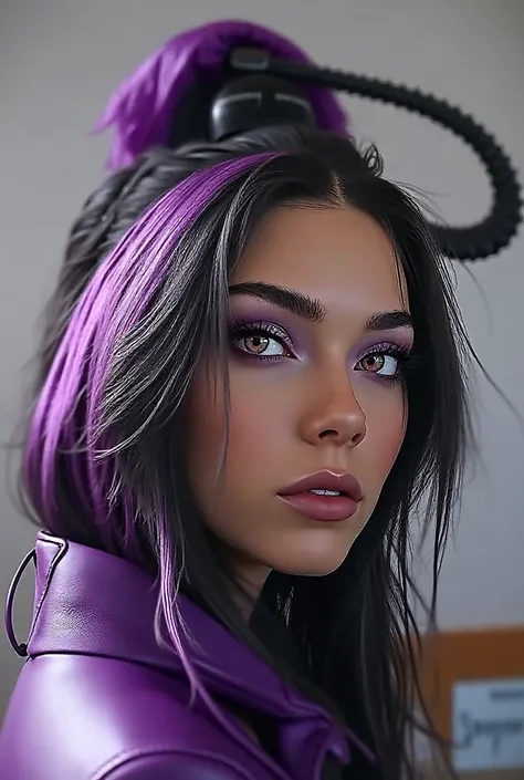 Create a beautiful, young woman wearing purple leather clothes and black hair with violet reflections. , with purple eyes 