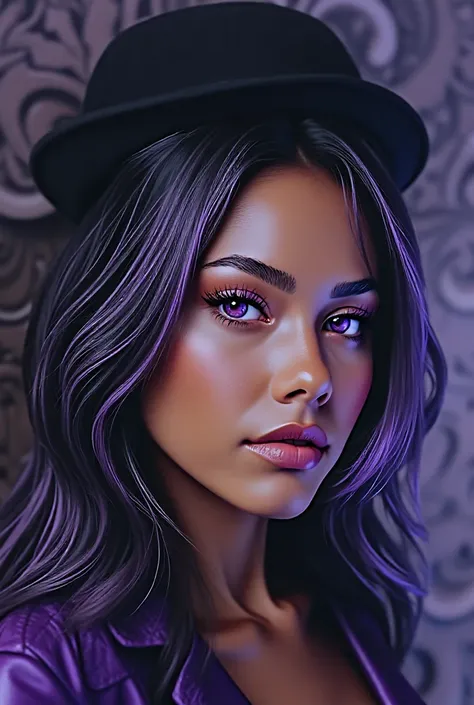 Create a beautiful, young woman wearing purple leather clothes and black hair with violet reflections. , with purple eyes 