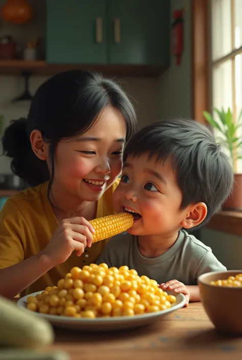 Picture of filipino mother and son eating corn together