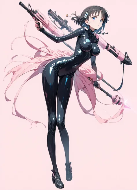  great quality,   top quality，Hayashi Miwako  ， her breasts are so soft，   blue eyes，  dark hair， alone,   Shoot her full body  　， pink background,  Latex Rubber Suit Costume， standing，A futuristic weapon that floats in the air，Glowing weapon 