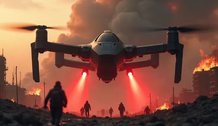  Black combat drone with red lasers , flying over a city destroyed in flames . dense smoke, Orange sky at dusk,  realistic style ,  details of wreckage and human silhouettes fleeing,  cinematic angle"* .