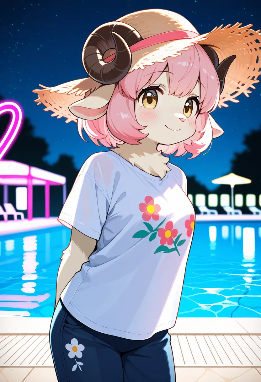 1girl, (furry, kemono:1.4), sheep girl, animal nose, sheep ears, sheep horn, solo, Poolside, Poolside Glow, standing, hat, solo, shirt, arms behind back, outdoors, pants, blurry background, blurry, pink hair, white shirt, straw hat, floral print, standing,...