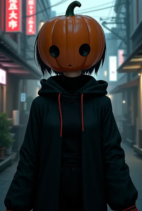 Make a female character with short black hair,  wearing an all-black outfit and a Tokyo Revengers robe, with a pumpkin head , type anime