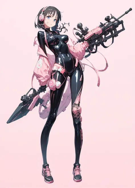  great quality,   top quality，Hayashi Miwako  ， her breasts are so soft，   blue eyes，  dark hair， alone,   Shoot her full body  　， pink background,  Latex Rubber Suit Costume， standing， headphones ，A futuristic weapon that floats in the air，Glowing weapon 