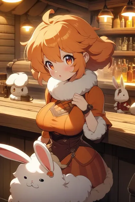 "A cute anime style, anthropomorphic rabbit character with long, messy orange hair, Big breasted. The character has soft, detailed fur with a fluffy collar. The setting is a cozy, rustic bar or tavern with warm lighting, and the mood is friendly and cheerf...