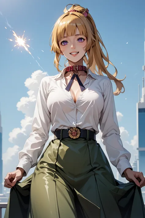 Score_9, score_8_up, score_7_up, source_anime, source_semi-real, rating_safe, rating_questionable;; 1woman, solo, kudelia aina Bernstein, low angle, viewed from slightly below;; looking happy, purple eyes, long hair, blonde hair, bangs, blunt bangs,skirt, ...