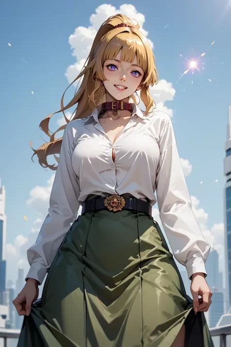 Score_9, score_8_up, score_7_up, source_anime, source_semi-real, rating_safe, rating_questionable;; 1woman, solo, kudelia aina Bernstein, low angle, viewed from slightly below;; looking happy, purple eyes, long hair, blonde hair, bangs, blunt bangs,skirt, ...