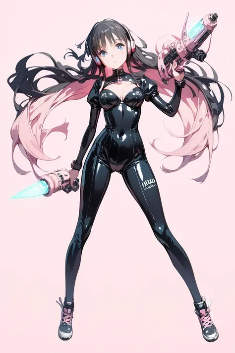  great quality,   top quality，Hayashi Miwako  ， her breasts are so soft，   blue eyes，  dark hair， alone,   Shoot her full body  　， pink background,  Latex Rubber Suit Costume， standing， headphones ，A futuristic weapon that floats in the air，Glowing weapon 