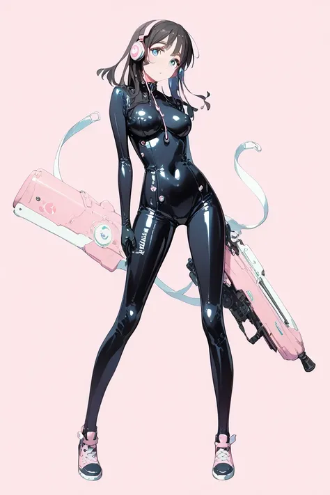  great quality,   top quality，Hayashi Miwako  ， her breasts are so soft，   blue eyes，  dark hair， alone,   Shoot her full body  　， pink background,  Latex Rubber Suit Costume， standing， headphones ，A futuristic weapon that floats in the air，Glowing weapon 