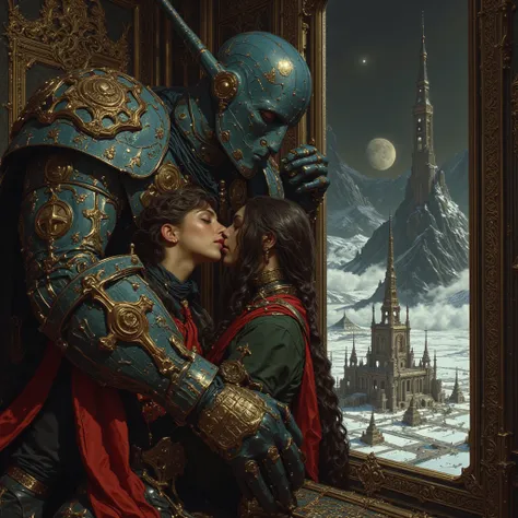 Couple man and woman on hug at a room, window shows out a stunning landscape, intimacy, love, sci-fi templars, objects and artifacts, machinery, big blue musculous humanoid, Retro photo album cover, veil figure, Realistic style, winter ice neighborhood, vi...