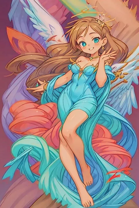 (masterpiece, best quality) cute anime angel girl, blond long hair, delicate angel wings, barefoot, sexy smiling, sexy pose, coquette, beautiful long legs, mature girl, gorgeous body, pronounced breasts, standing, intricate details and sunlight, ethereal i...