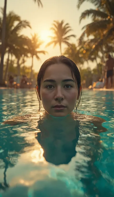  a lifeguard floating in the pool ,  in the background there are people out of focus , It's sunset ,  in the foreground of the pool and the water ,  the sunlight reflecting on the water,  lush tropical plants , palm trees in the background, ( the best qual...