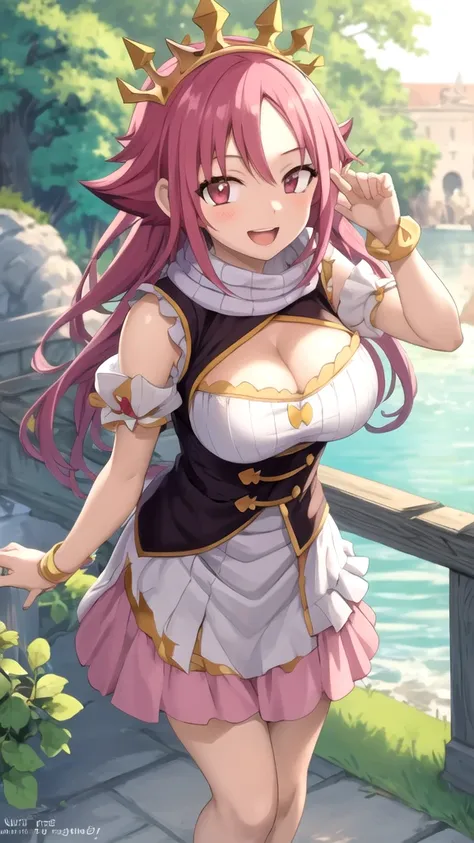 masterpiece, best quality, high quality, girl, solo, looking at viewer, natsu_dragneel, large breasts, princess connect Re:Dive cosplay, princess Dress, standing, smile, open mouth, outdoors 