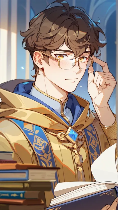 Man, adult, long wavy brown hair, bangs, big glasses, gold eyes, archivist, books, scrolls, ceremonial white and gold robe with hood, blush, sulking