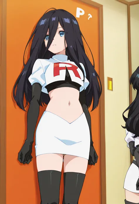 best quality, masterpiece
BREAK
1girl, natsukohirose, black hair, long hair, blue eyes,
team rocket,team rocket uniform,white skirt,red letter R,crop top,black thigh-highs,black elbow gloves, cowboy shot,
indoors