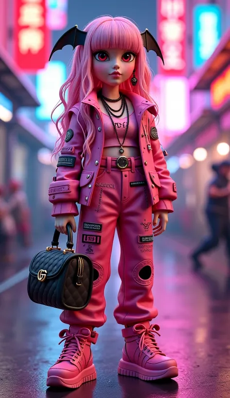 3D animation, Gothic style,  girl, light pink hair color, long curly hair, red eyes, bat earrings, bat long necklace, pink spaghetti strap top, Indian text top, pink mid-length jacket with stand-up collar and long sleeves, jacket with multi-pocket design a...