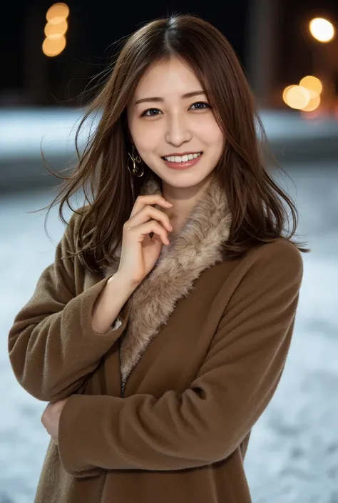  (  cowgirl shot  :1.4) . medium short hair gentle wavy hair、 、 smile、     the wind is blowing          、  SNOWS 、Fluttering Hair、  fluffy scarf 、 eye sparkle 、Strong winds、      Background Blur、 illumination、        night    、   brown eyes、  photo from wa...