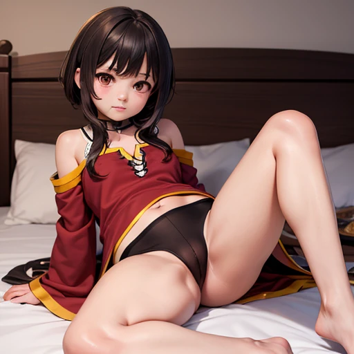 (( Masterpiece, top quality , Hi-Res))、Megumin alone、  ahe face、Megumin's clothes、My clothes are torn、 in bed、  spread your legs wide、 M 、 Sense of presence、  Biologically Correct、 from side、  realism
