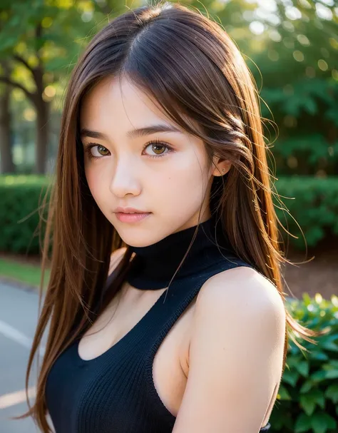  A female middle school student who emphasizes beautiful upper arms with just the right amount of muscle and seductive, attractive shoulders from a sleeveless black turtleneck knit sweater to show viewers, one girl,   Very realistic skin texture、high resol...