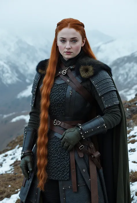 Sophie Turner as dwarf engineer, long red braid, green eyes, low height, adamantine armor, posing on the hill, torogao, winter highland background, (best quality,4k,8k,highres,masterpiece:1.2),ultra-detailed,(realistic,photorealistic,photo-realistic:1.37)