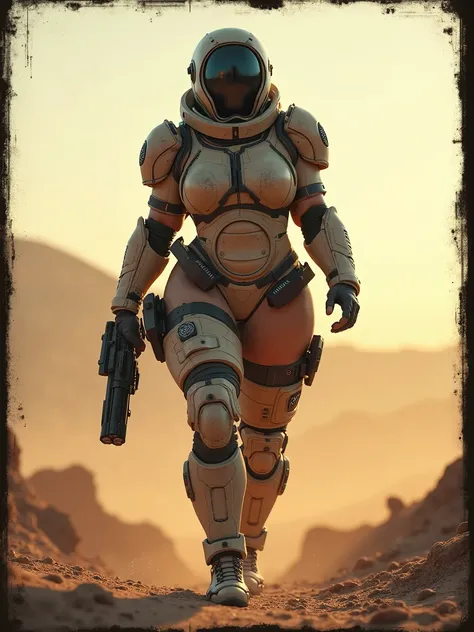 Film grain: torn film edge around shot: lens flare: BUTT CHEEKS: BEEFY-THICC-HUMUNGOUS: upward-outward overhang widest cleft overlap, cybergirl wears her sleek War armor colored with Camouflage desert 🏜 and translucent helmet, holds her crystal pistol in l...