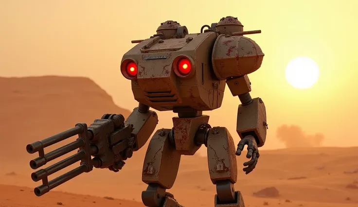 "Military humanoid robot carrying heavy weapons, with glowing red eyes and damaged armor plates. Setting: arid desert with explosion craters, dramatic sunset lighting, 3D render style, corroded metallic textures."

