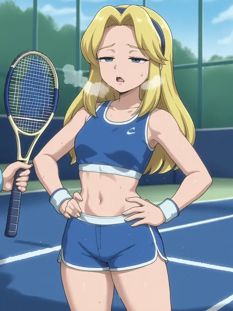 sxsgdbmaria, blonde hair, source_anime, source_anime, score_8_up, GlamorShots_PDXL
tennis, blue sports bra, blue shorts, tennis racket, sweatbands, out of breath, sweaty, hands on hips, open mouth, thicc thighs, thicc body, half closed eyes, tougue out