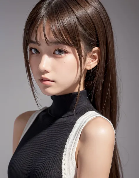  A female middle school student who emphasizes beautiful upper arms with just the right amount of muscle and seductive, attractive shoulders from a sleeveless black turtleneck knit sweater to show viewers, one girl,   Very realistic skin texture、high resol...