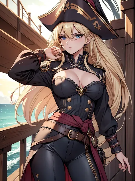  A powerful and captivating female pirate standing on the deck of her ship .,  Navigating stormy seas .  She has long, wavy blonde hair .., that moves with the sea wind. His striking face,  skull decoration with makeup that highlights her decisive expressi...