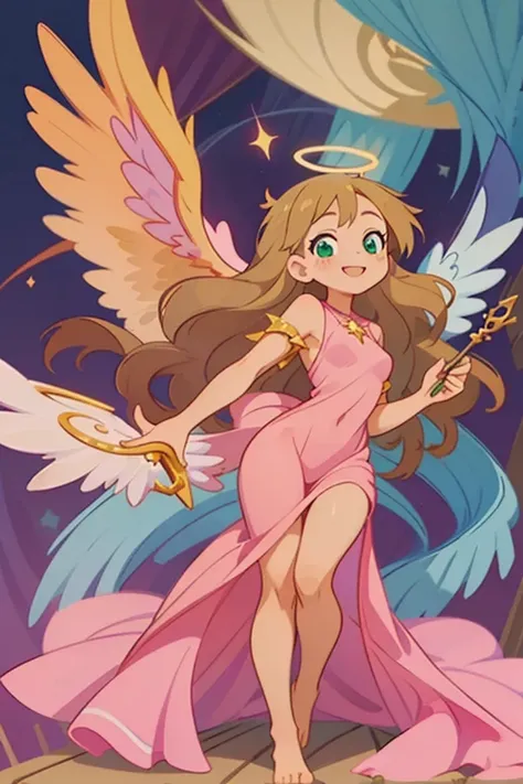 (masterpiece, best quality) cute anime angel girl, blonde long hair, delicate angel wings, barefoot, sexy smiling, sexy pose, coquette, beautiful long legs, mature girl, gorgeous body, pronounced breasts, standing, intricate details and sunlight ethereal i...