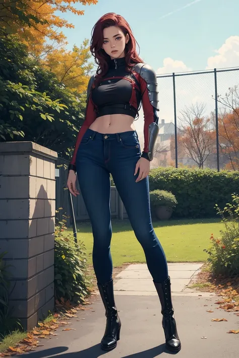  Create a full body anime-style image of a 20-year-old human woman named Sylara Stormblade,  He's long gone ,  smooth red hair and athletic build .  Sylara wears armor studded on her upper body .,  dark blue skinny jeans , and tall red lace boots . In fron...