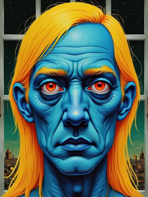 surrealistic humanoid squared head face and torsus close of a man on highly detailed caricature style, dark surrealism creature, one eye, blue skin face with details on green, black hair, red eyes, blue shades artwork, golden hair, humanoid, odd shape, str...