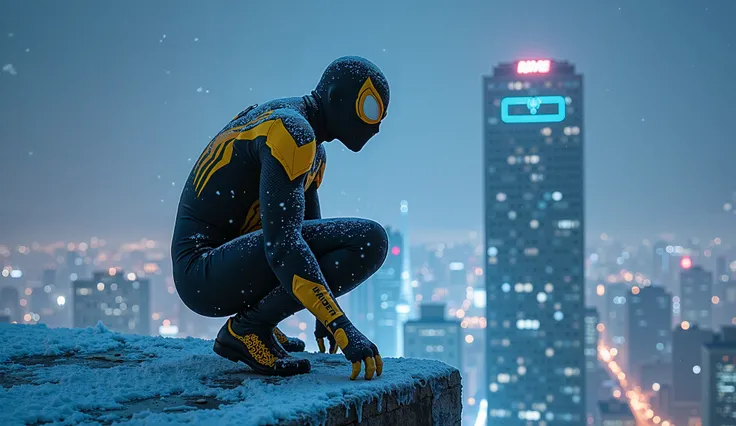 "A hybrid warrior stands in the middle of a blizzard. His costume is a mix of black and yellow Spiderman armor. On top of a snow-covered skyscraper, Frostbite crouches with sharp eyes observing the city below. His claws pierce the icy surface of the roof, ...