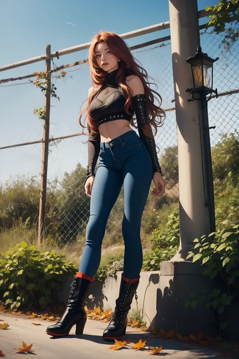  Create a full body anime-style image of a 20-year-old human woman named Sylara Stormblade,  He's long gone ,  smooth red hair and athletic build .  Sylara wears armor studded on her upper body .,  dark blue skinny jeans , and tall red lace boots . In fron...