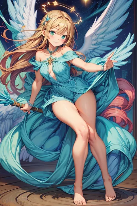 (masterpiece, best quality) cute anime angel girl, blonde long hair, delicate angel wings, barefoot, sexy smiling, sexy pose, coquette, beautiful long legs, mature girl, gorgeous body, pronounced breasts, standing, intricate details and sunlight ethereal i...